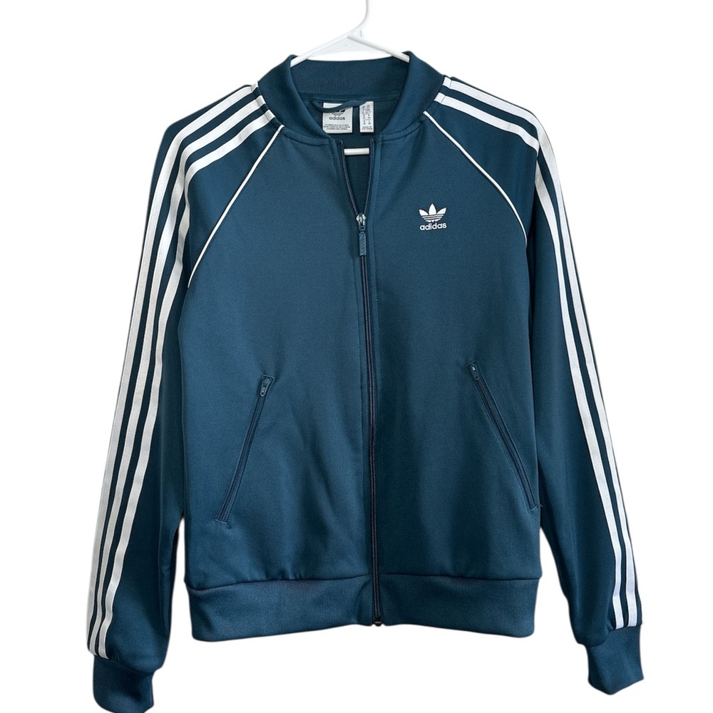 Adidas Dark Blue Women’s Zip-Up Jacket with White Stripes. Size XS.